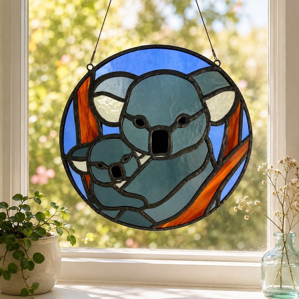 Vintage Koala and Joey Stained Glass Suncatcher Circular Window Hanging Panel